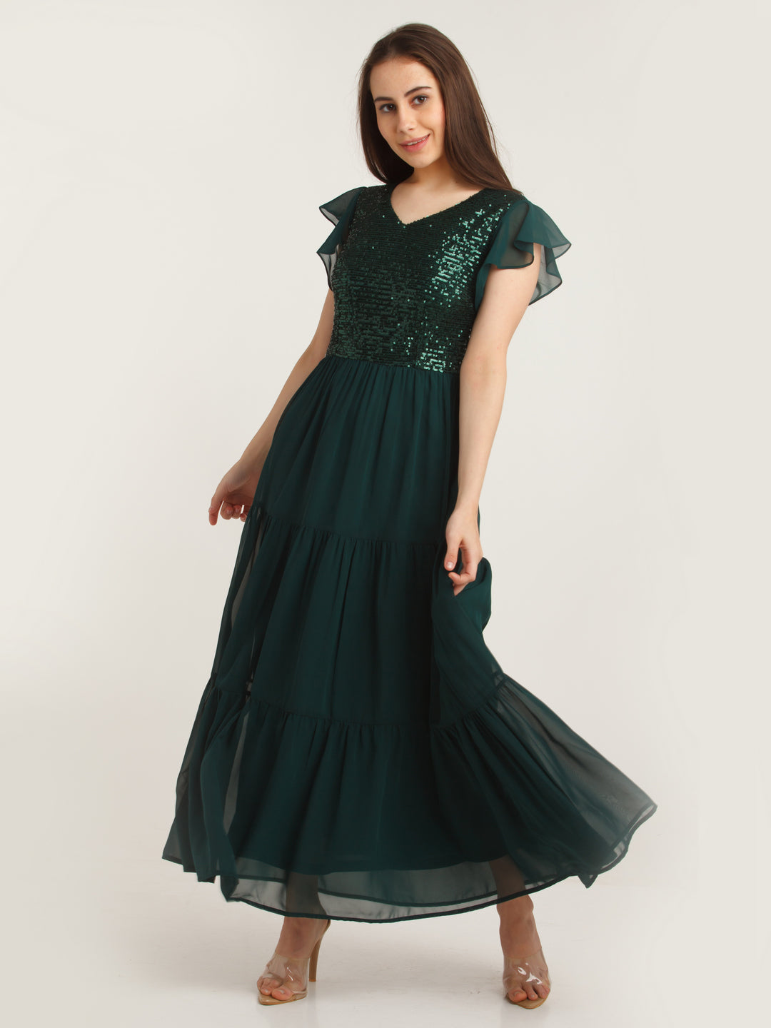 Green Embellished Tiered Maxi Dress