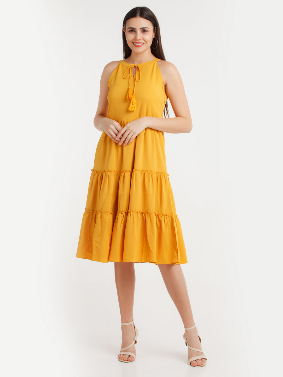 Mustard Solid Midi Dress For Women
