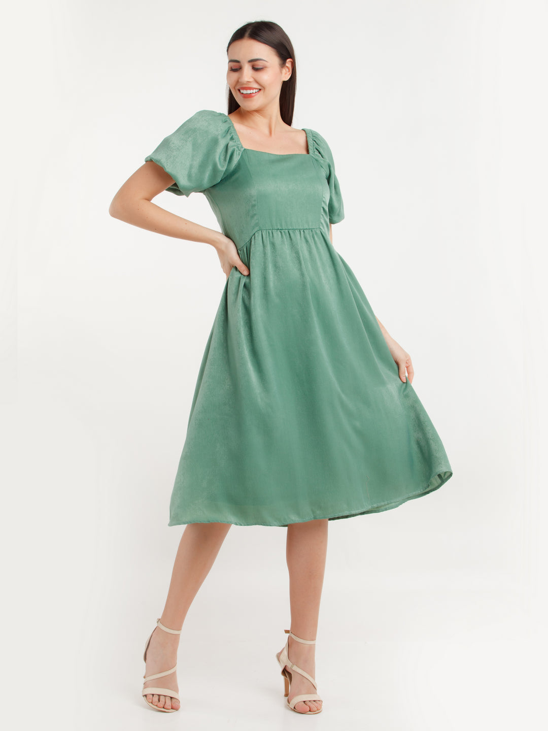 Green Solid Midi Dress