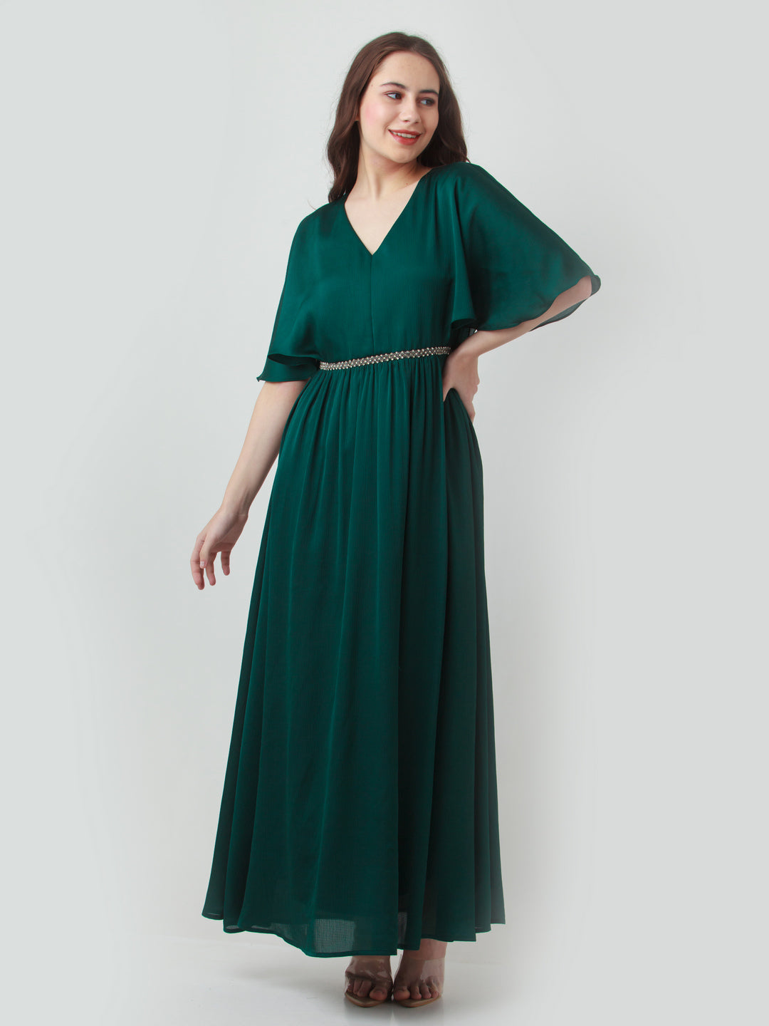 Green Solid Flared Sleeve Maxi Dress