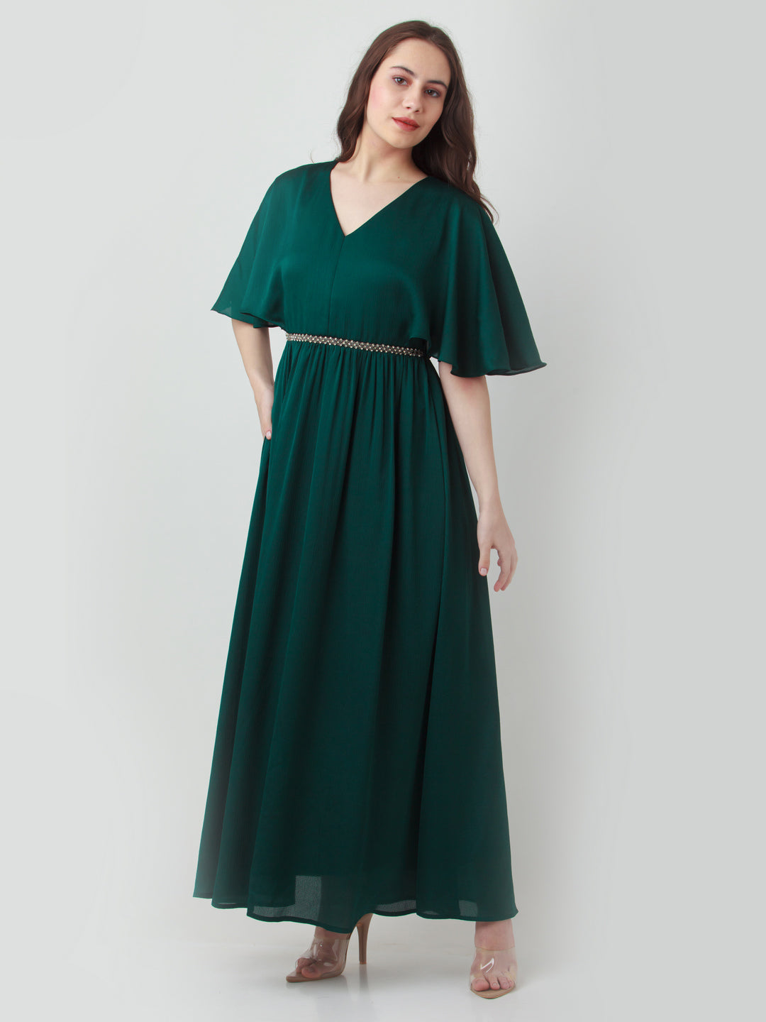 Green Solid Flared Sleeve Maxi Dress