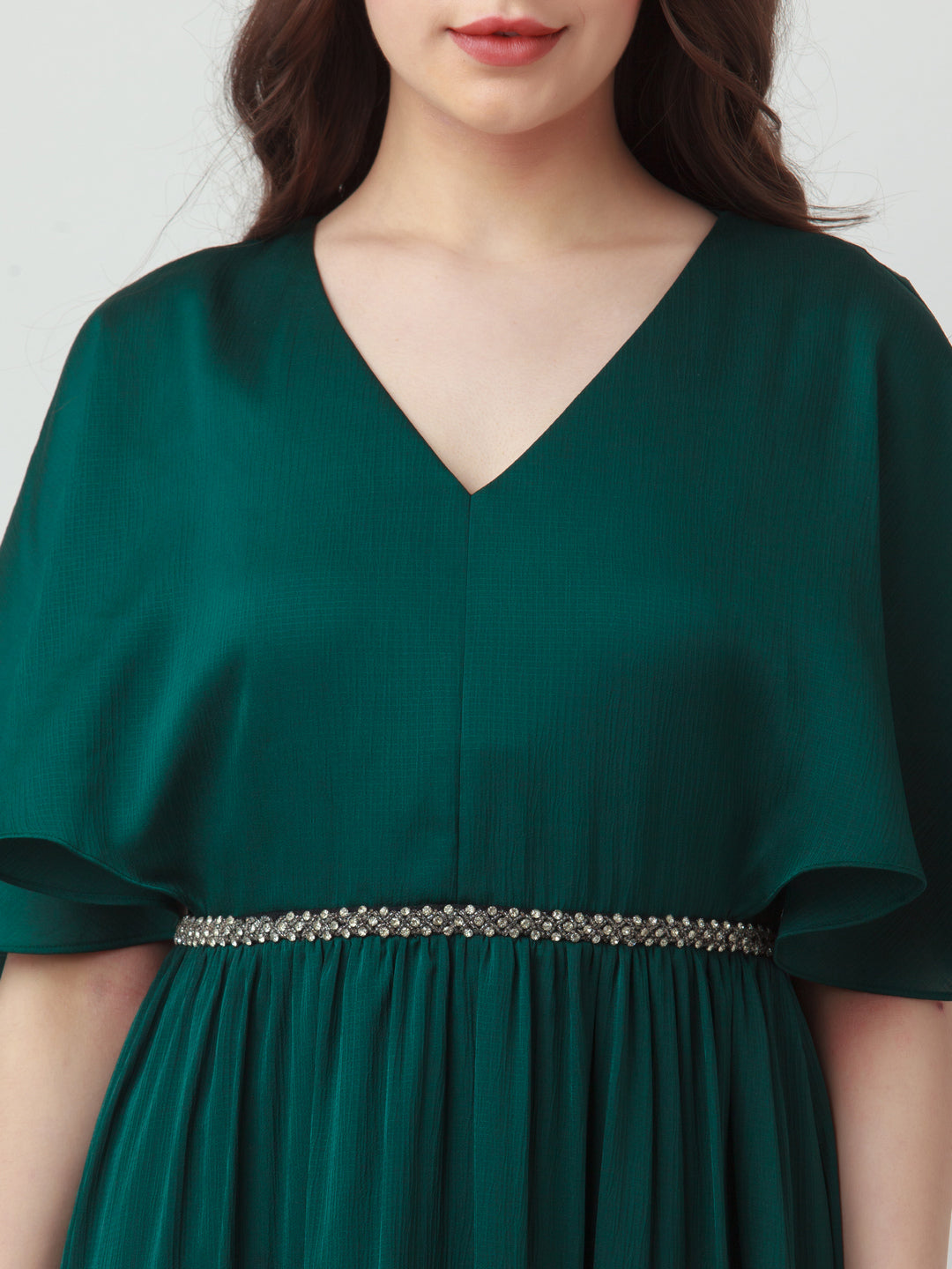 Green Solid Flared Sleeve Maxi Dress