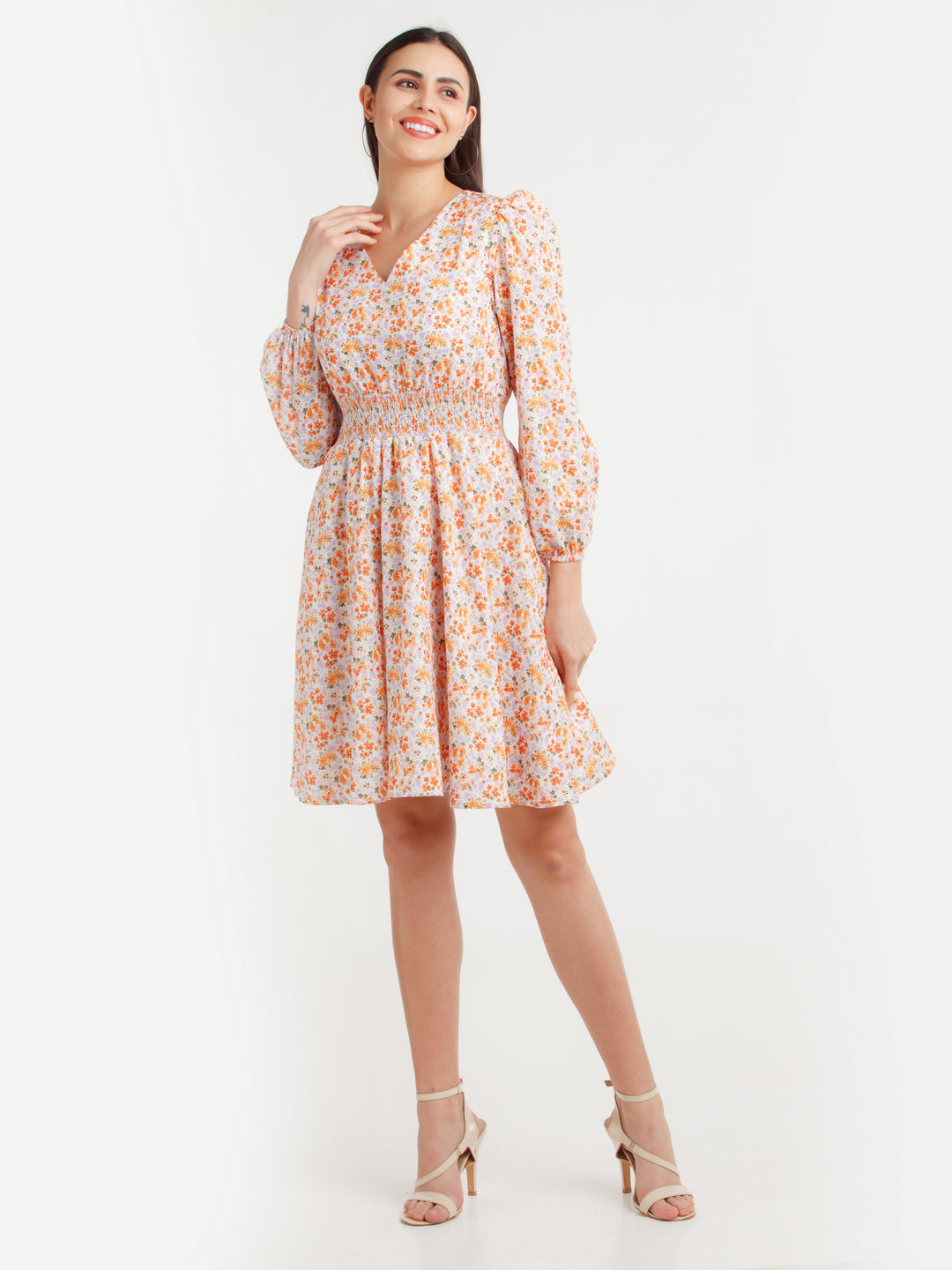 Multicolor Printed Smocking Short Dress