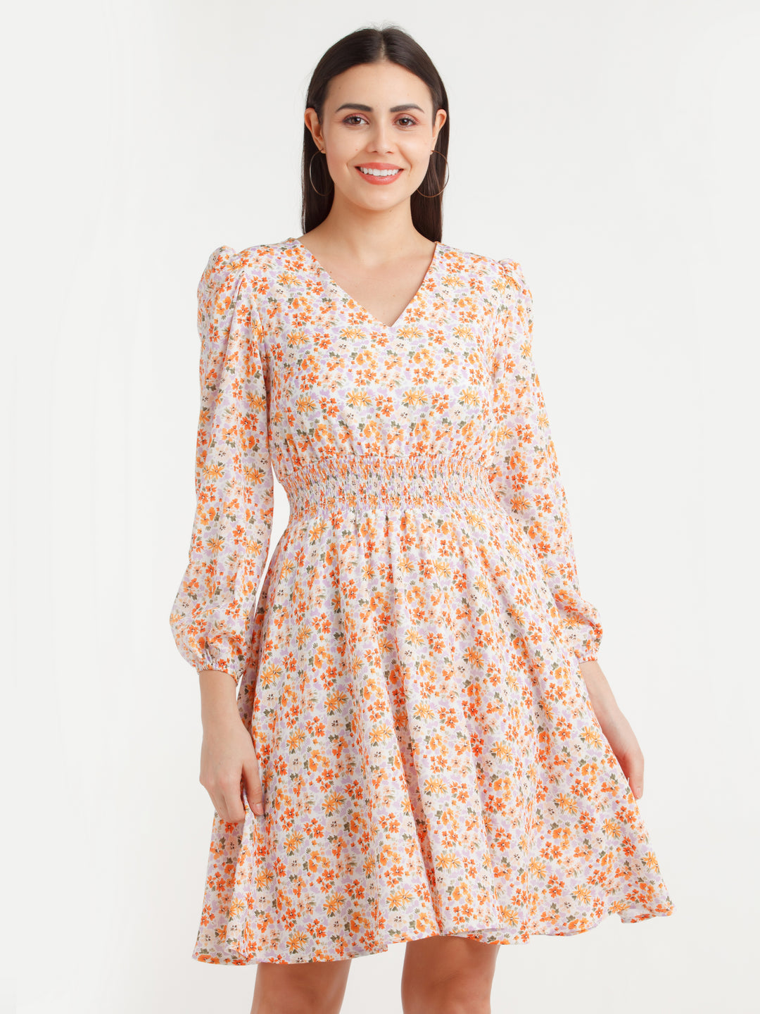 Multicolor Printed Smocking Short Dress