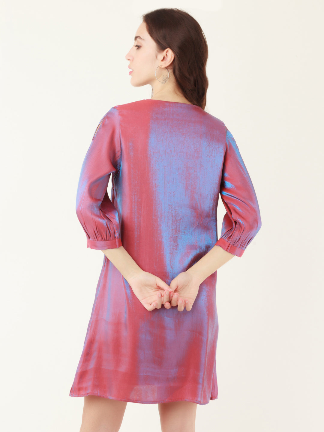 Red Solid Slit Sleeve Short Dress