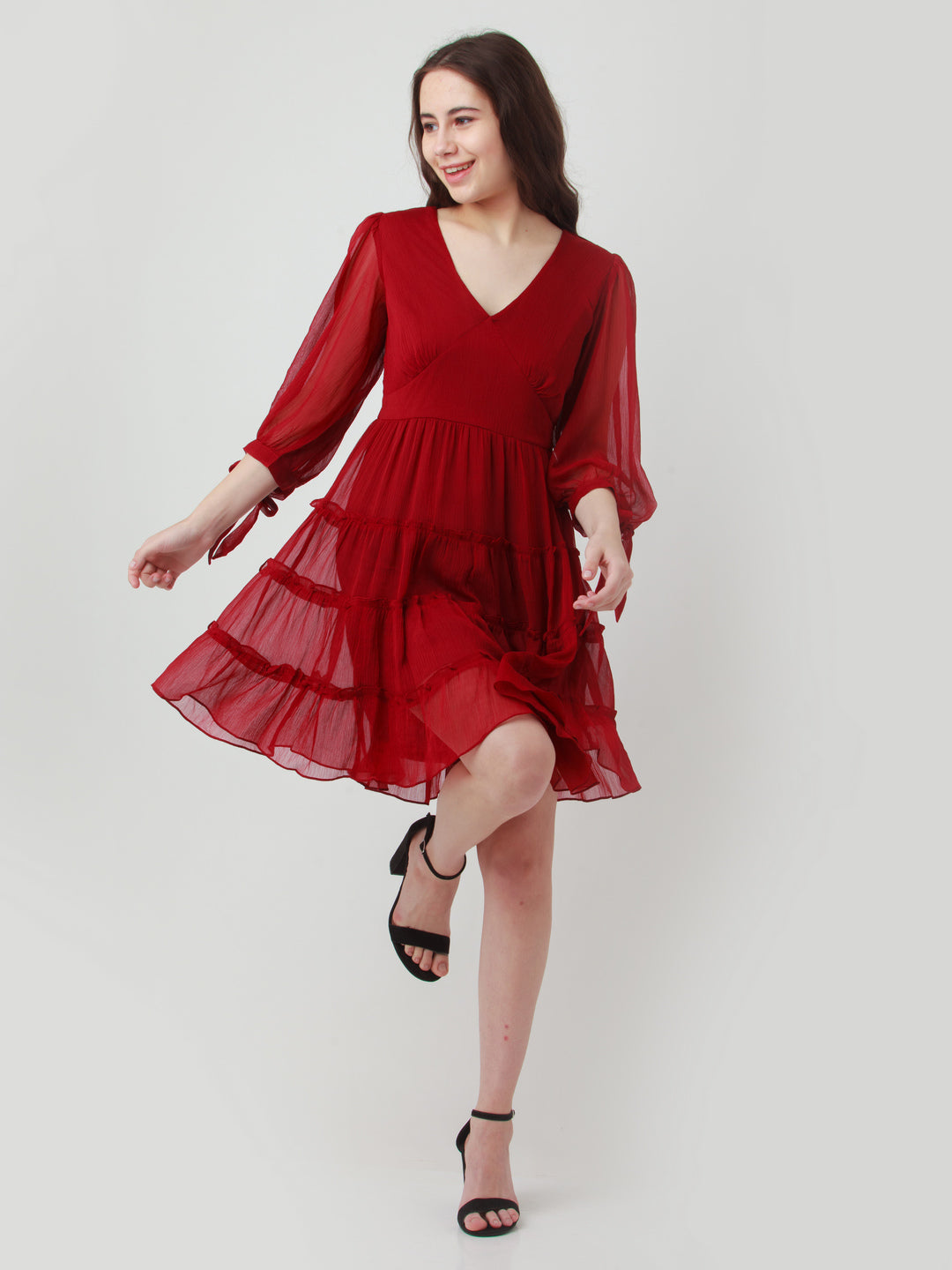 Maroon Solid Tiered Short Dress