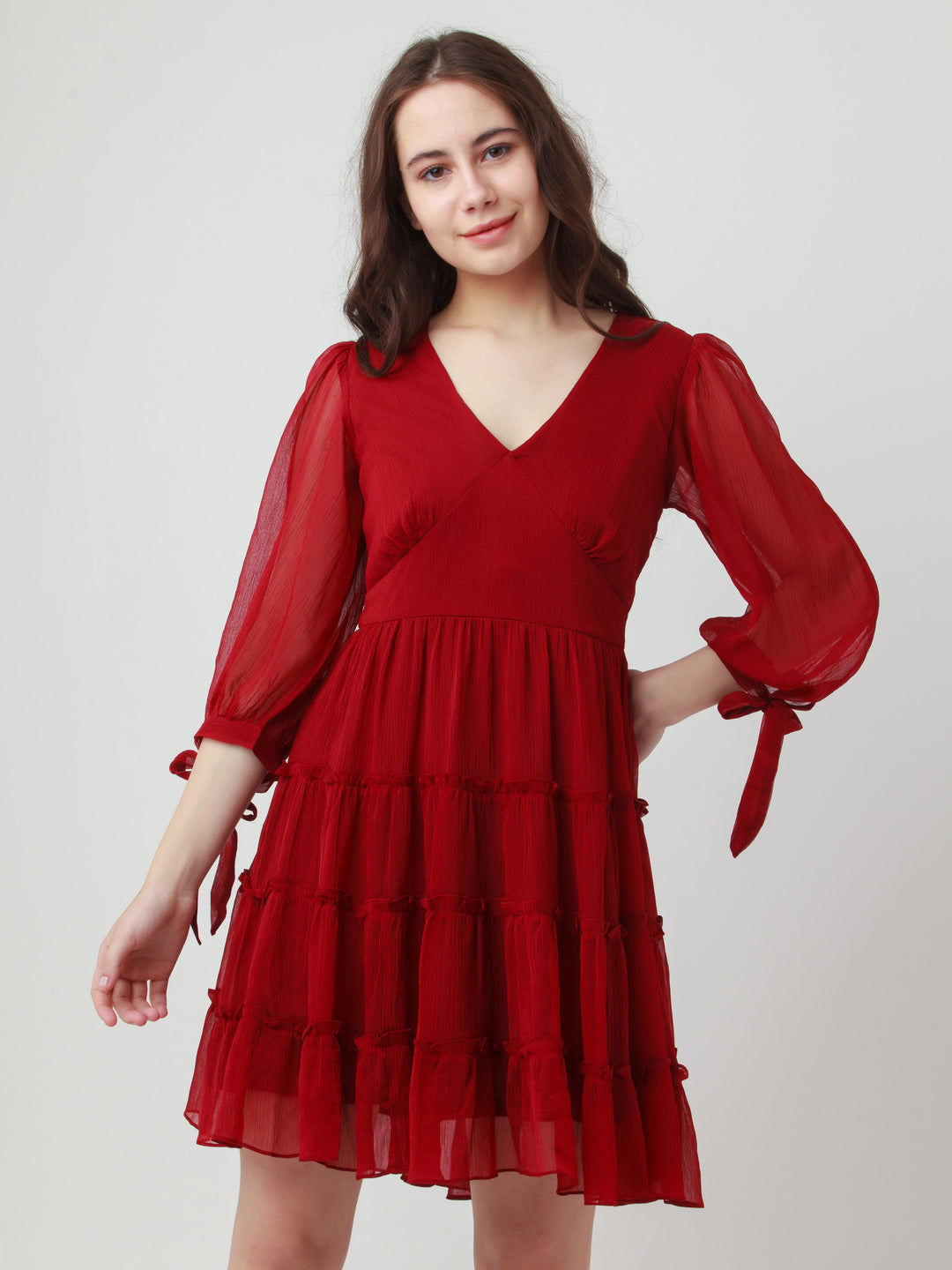 Maroon Solid Tiered Short Dress