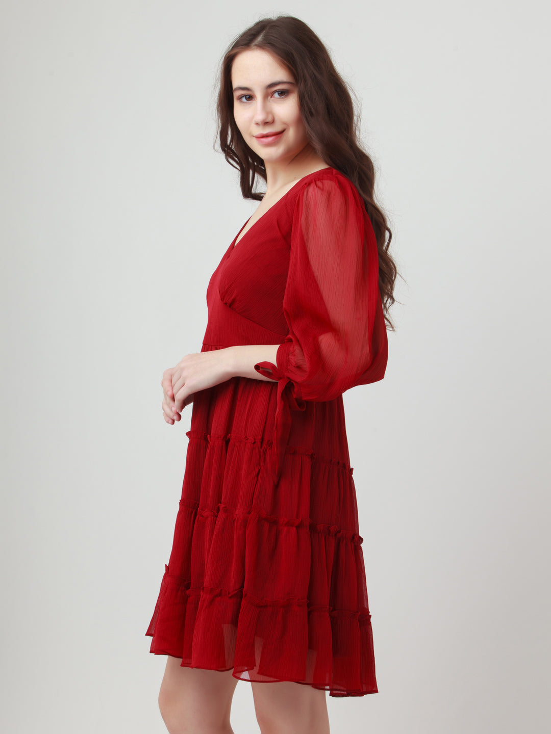 Maroon Solid Tiered Short Dress