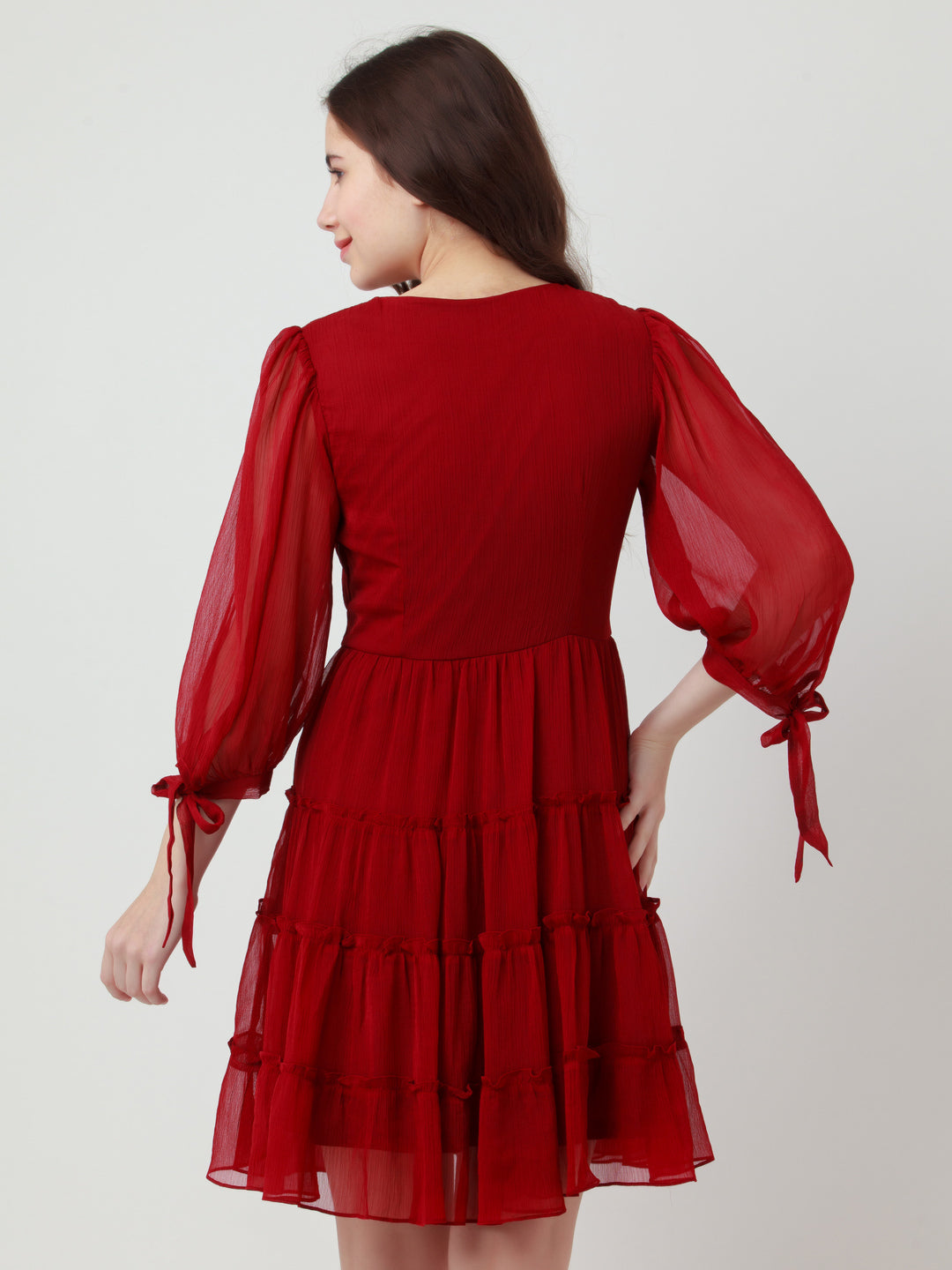 Maroon Solid Tiered Short Dress