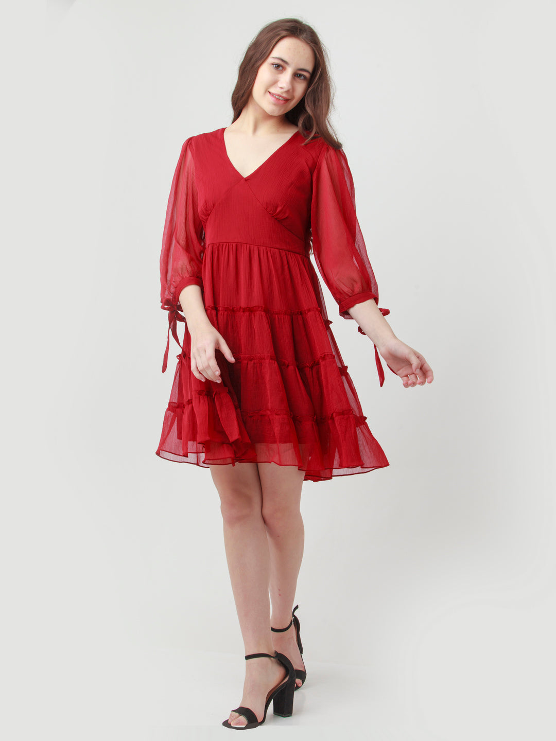 Maroon Solid Tiered Short Dress