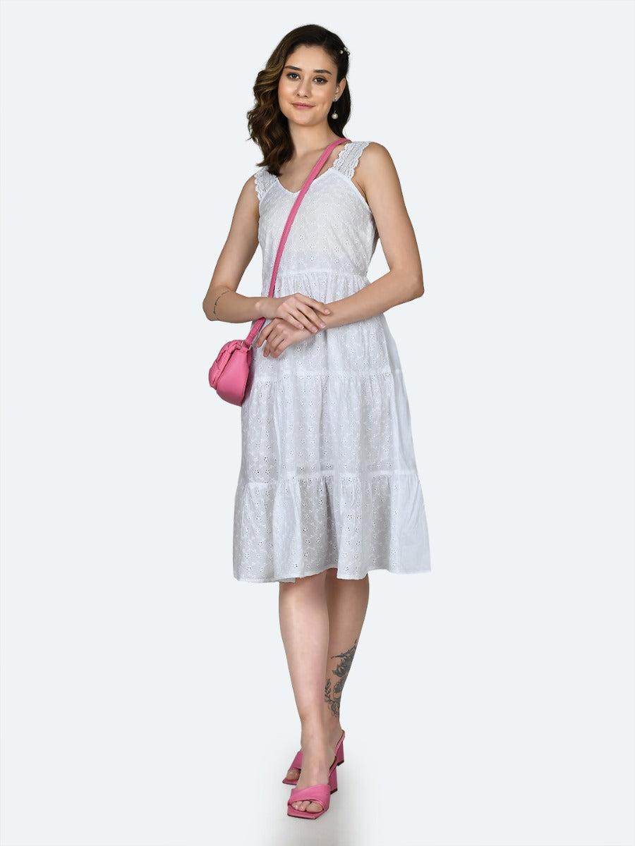 White Embroidered Tiered Midi Dress