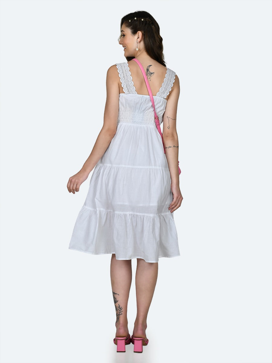 White Embroidered Tiered Midi Dress for Women