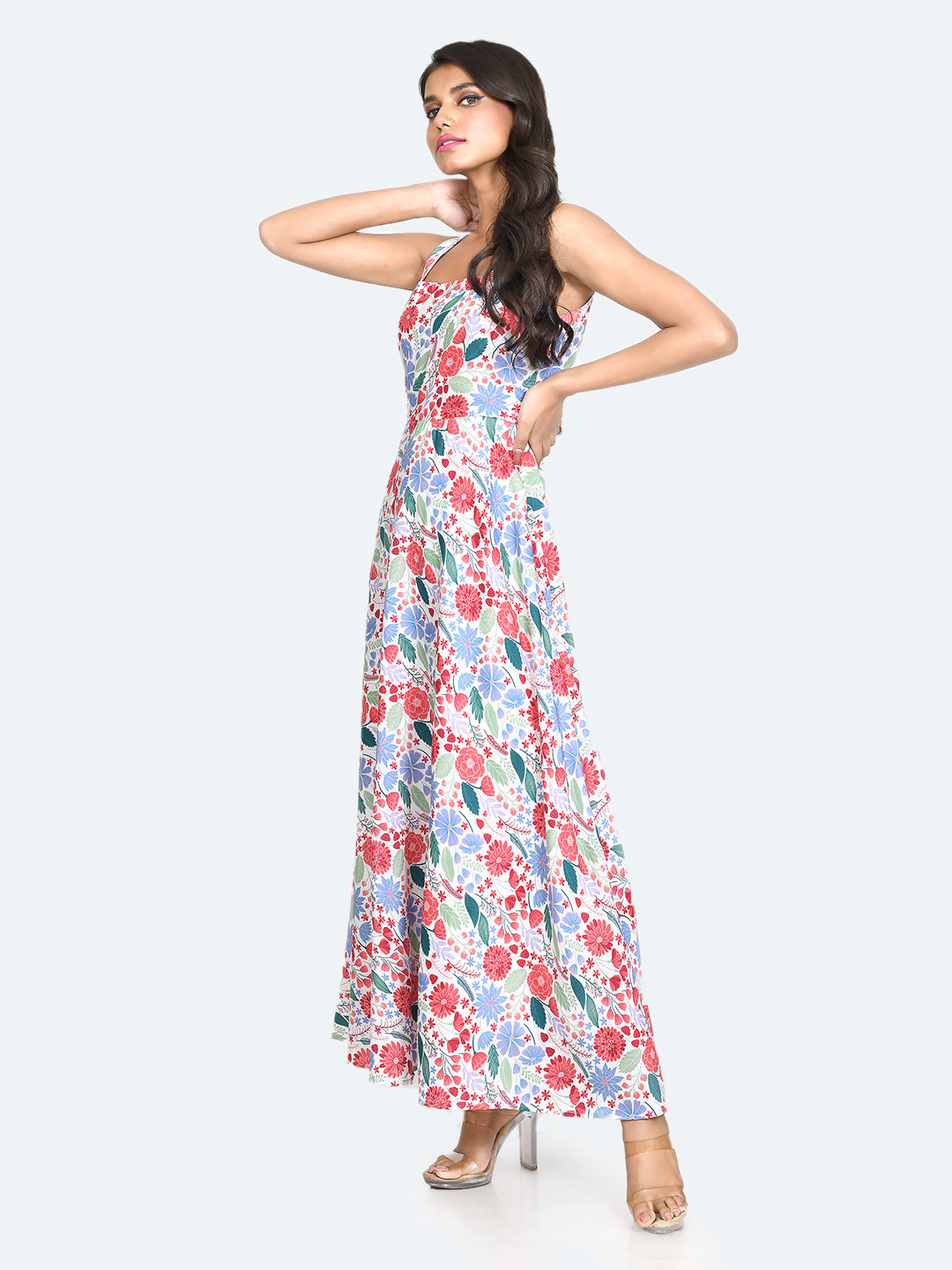 Multi Colored Printed Strappy Maxi Dress For Women