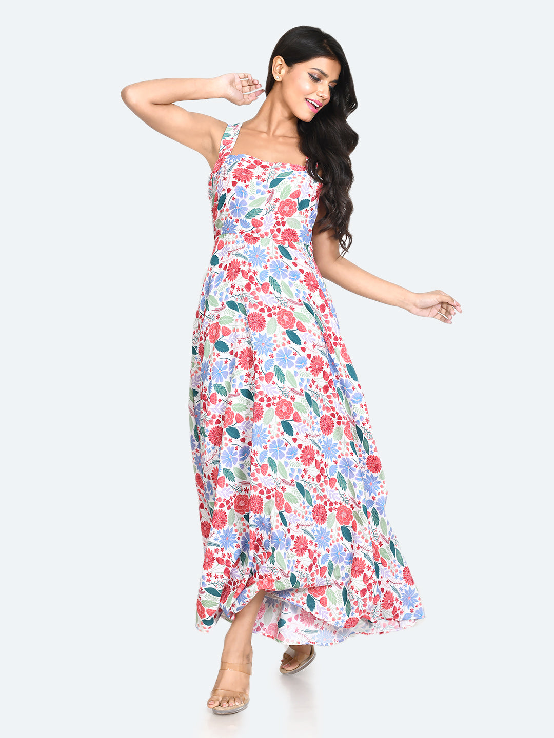 Multi Colored Printed Strappy Maxi Dress For Women
