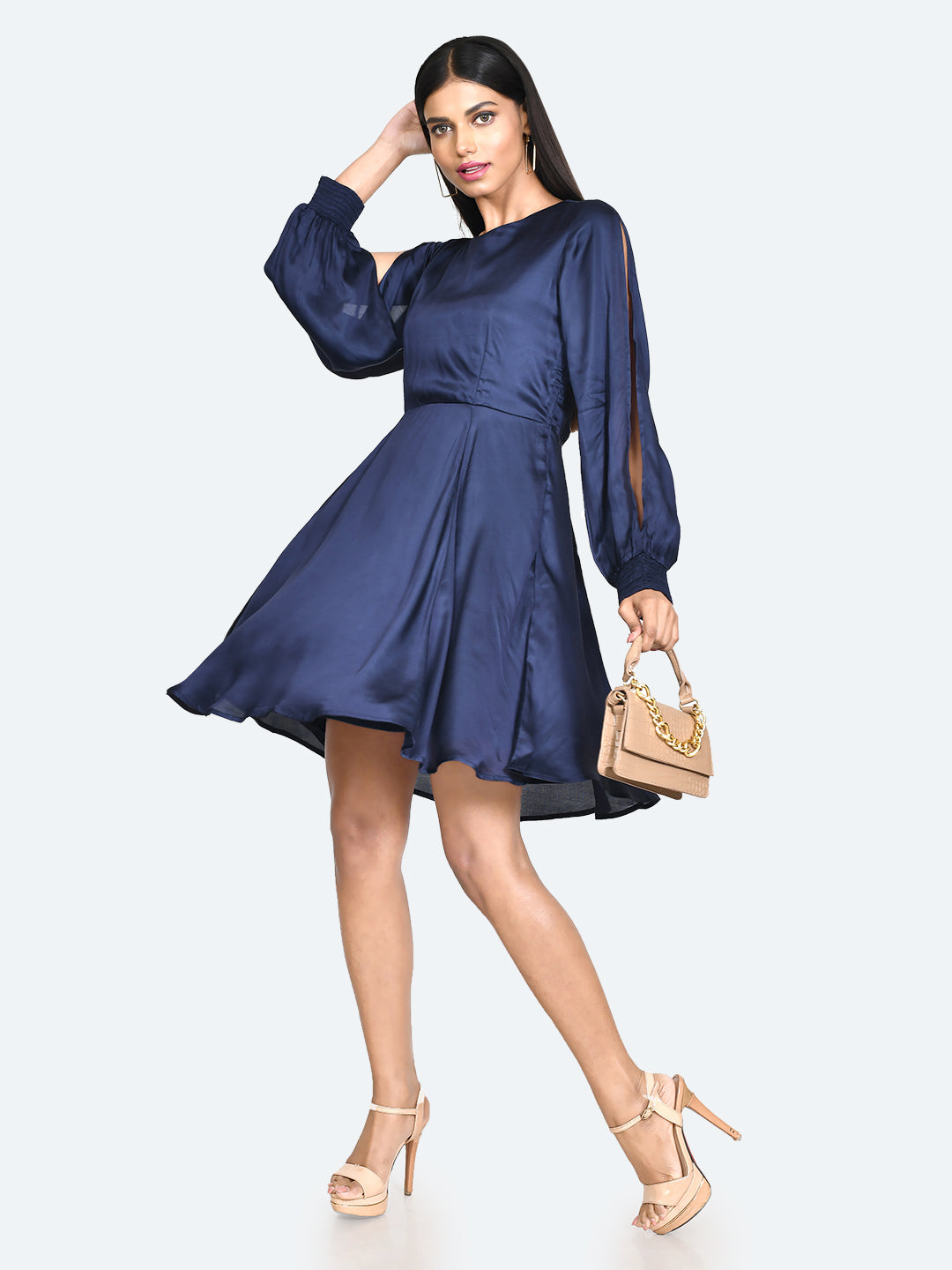 Blue Solid Pleated Short Dress