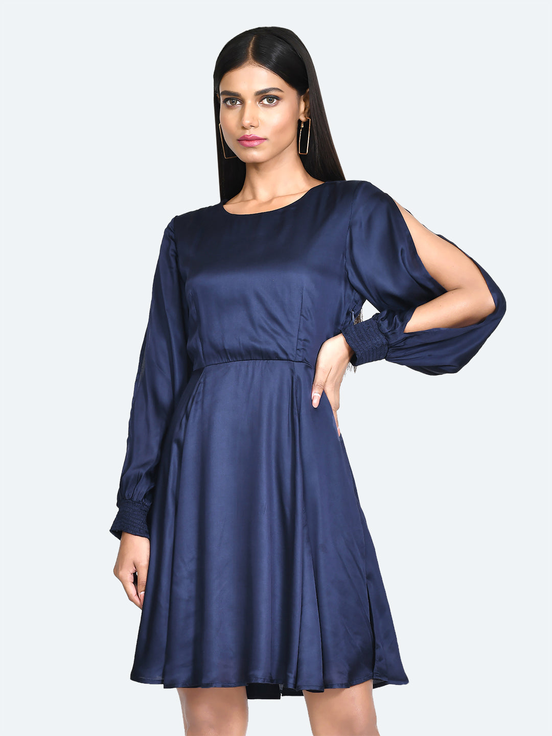 Blue Solid Pleated Short Dress