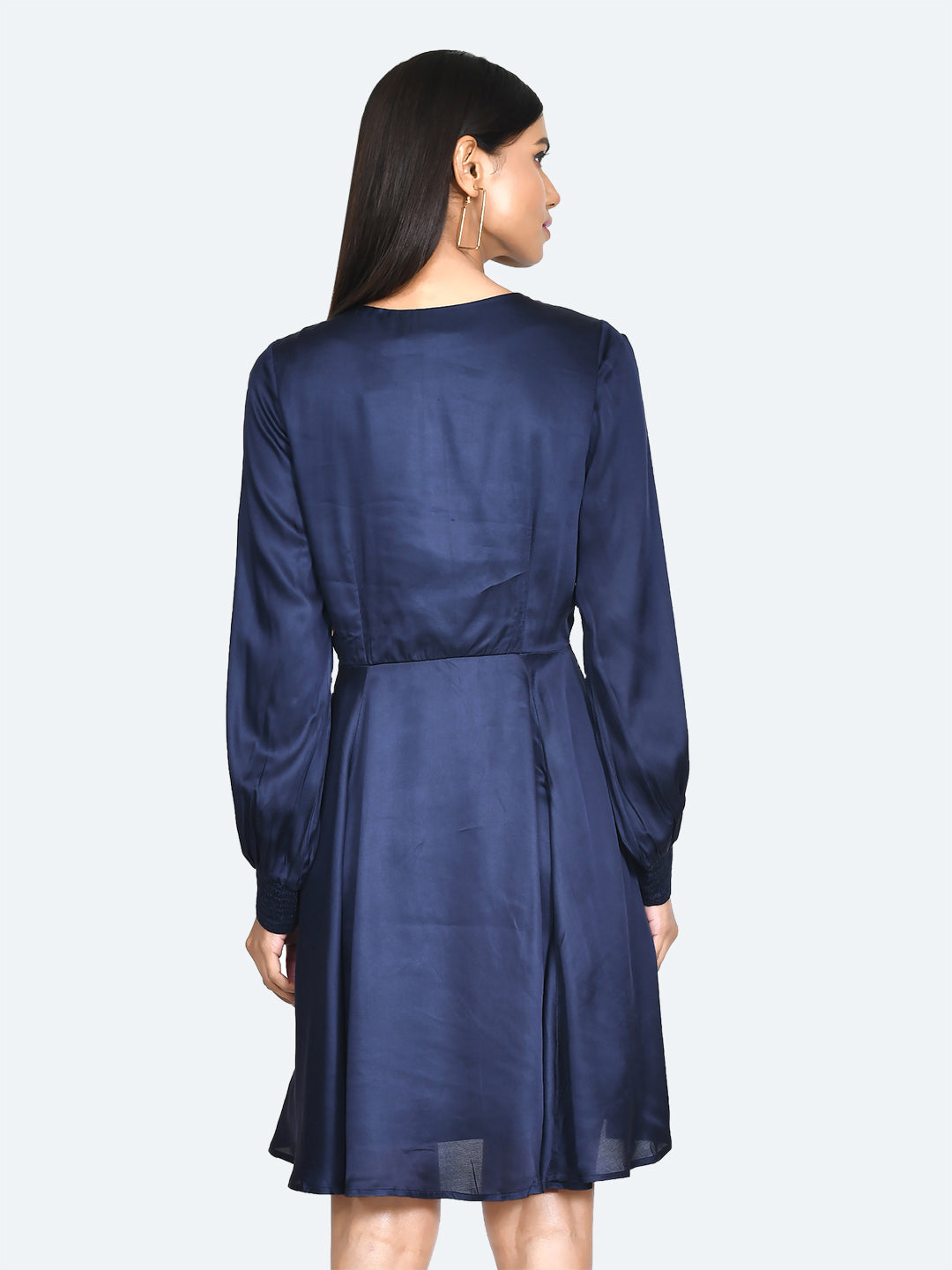 Blue Solid Pleated Short Dress