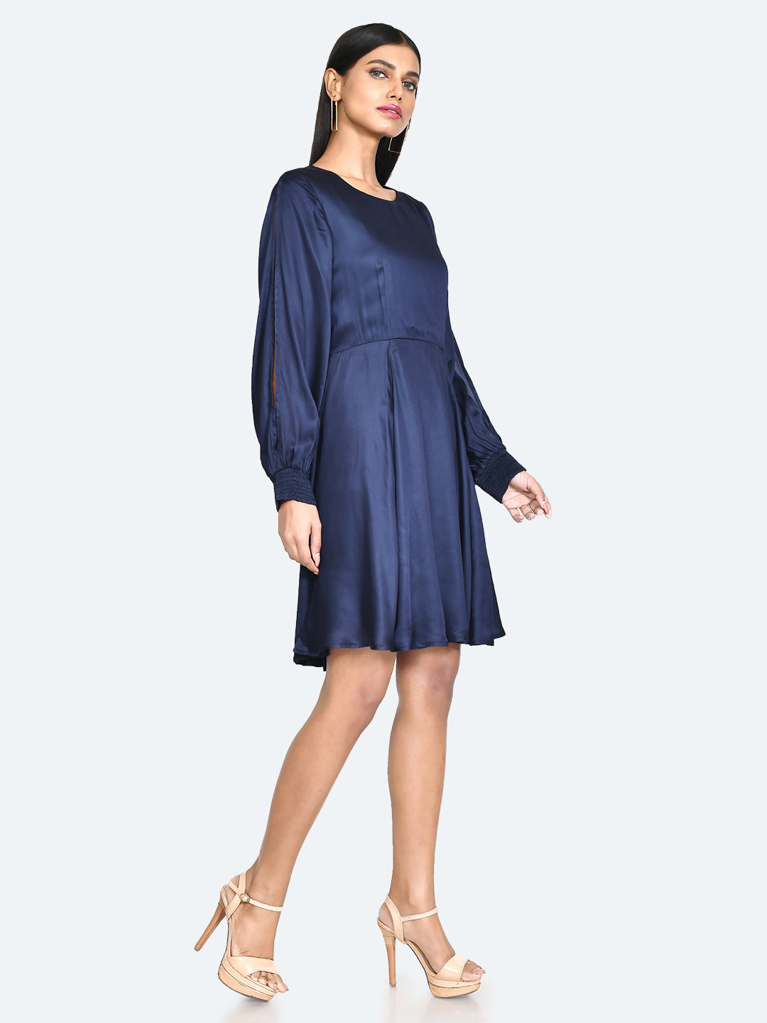 Blue Solid Pleated Short Dress