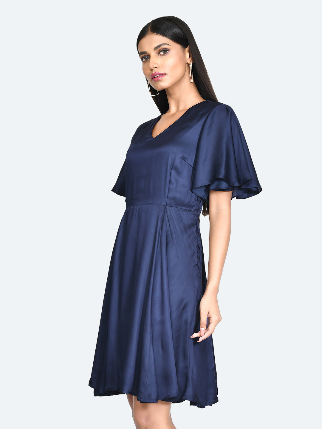 Blue Solid Pleated Short Dress