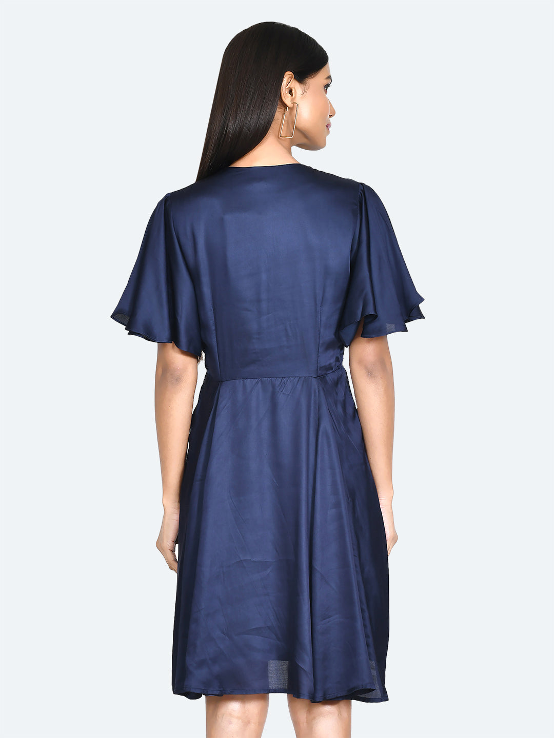 Blue Solid Pleated Short Dress