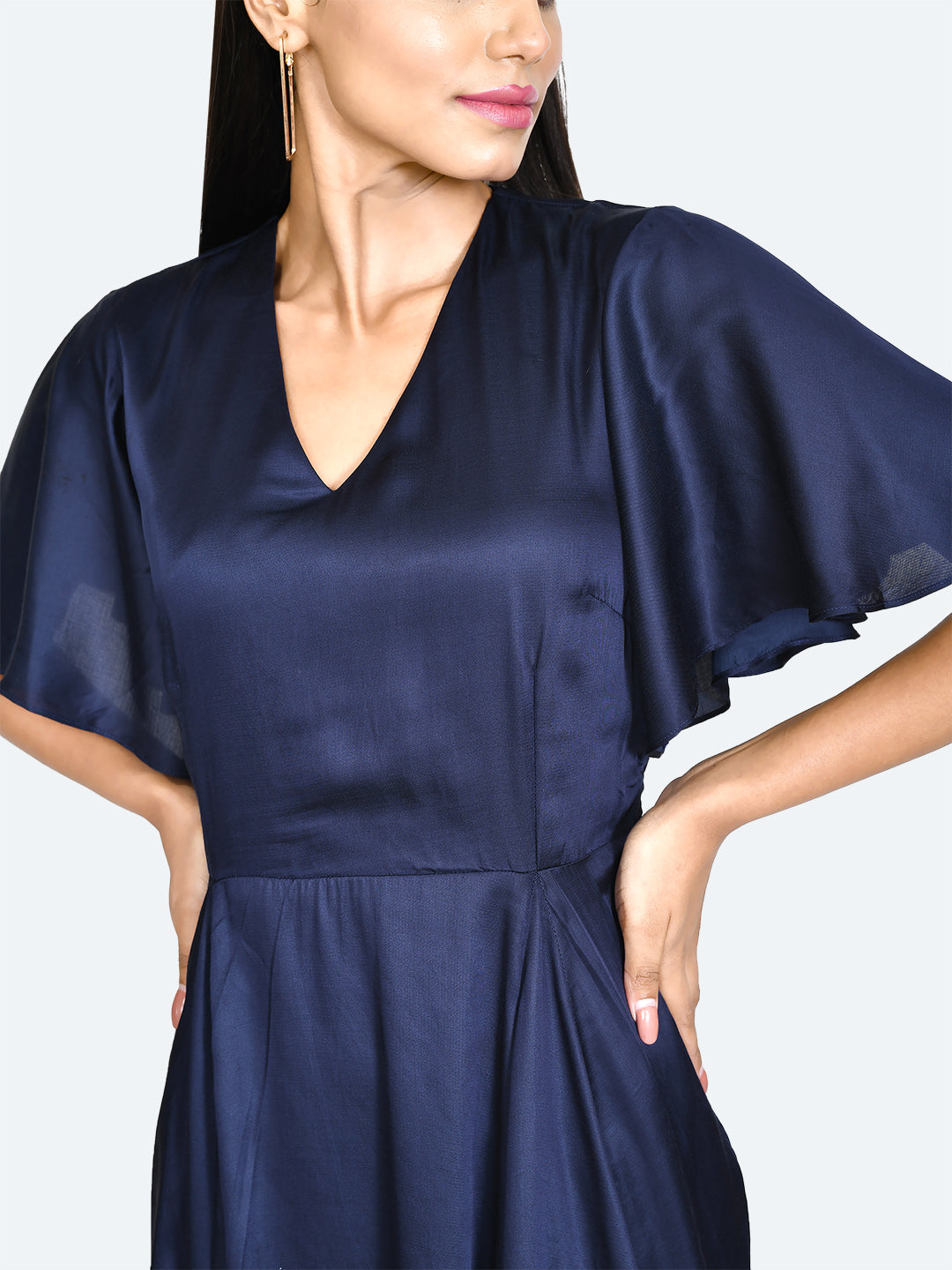 Blue Solid Pleated Short Dress