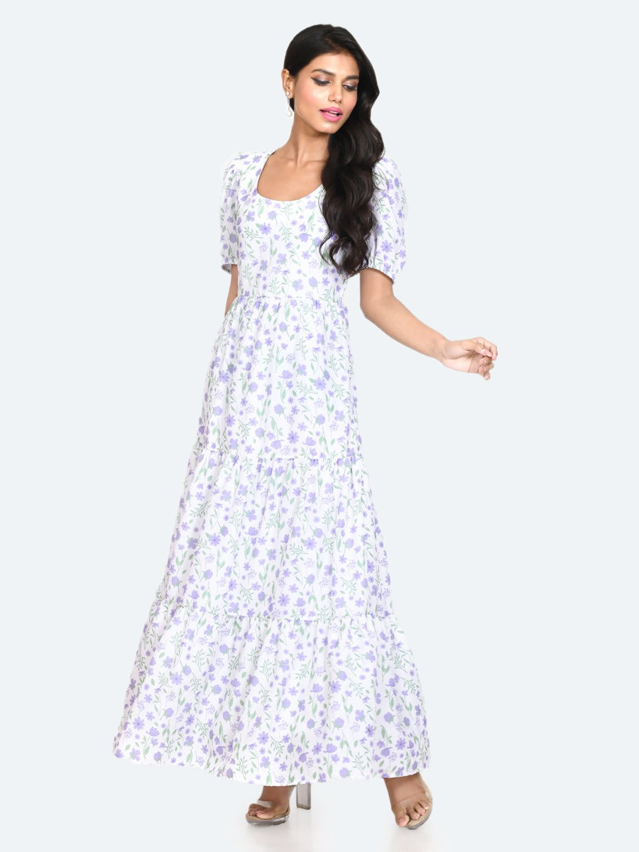 White Floral Print A-Line Maxi Dress For Women
