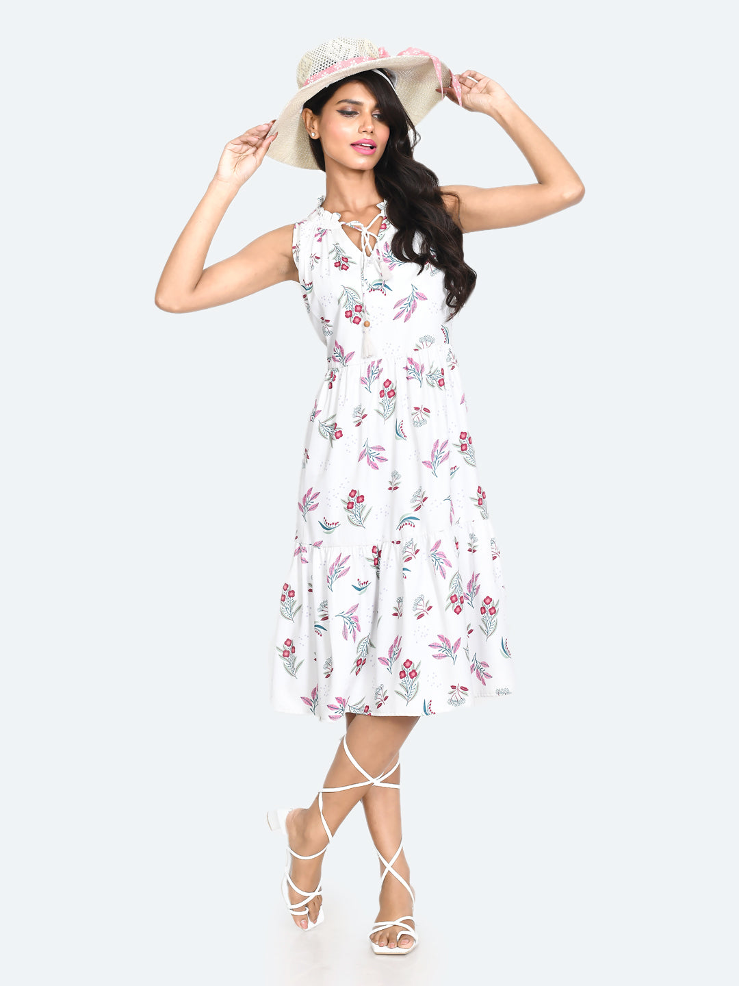 White Floral Print A-Line Midi Dress