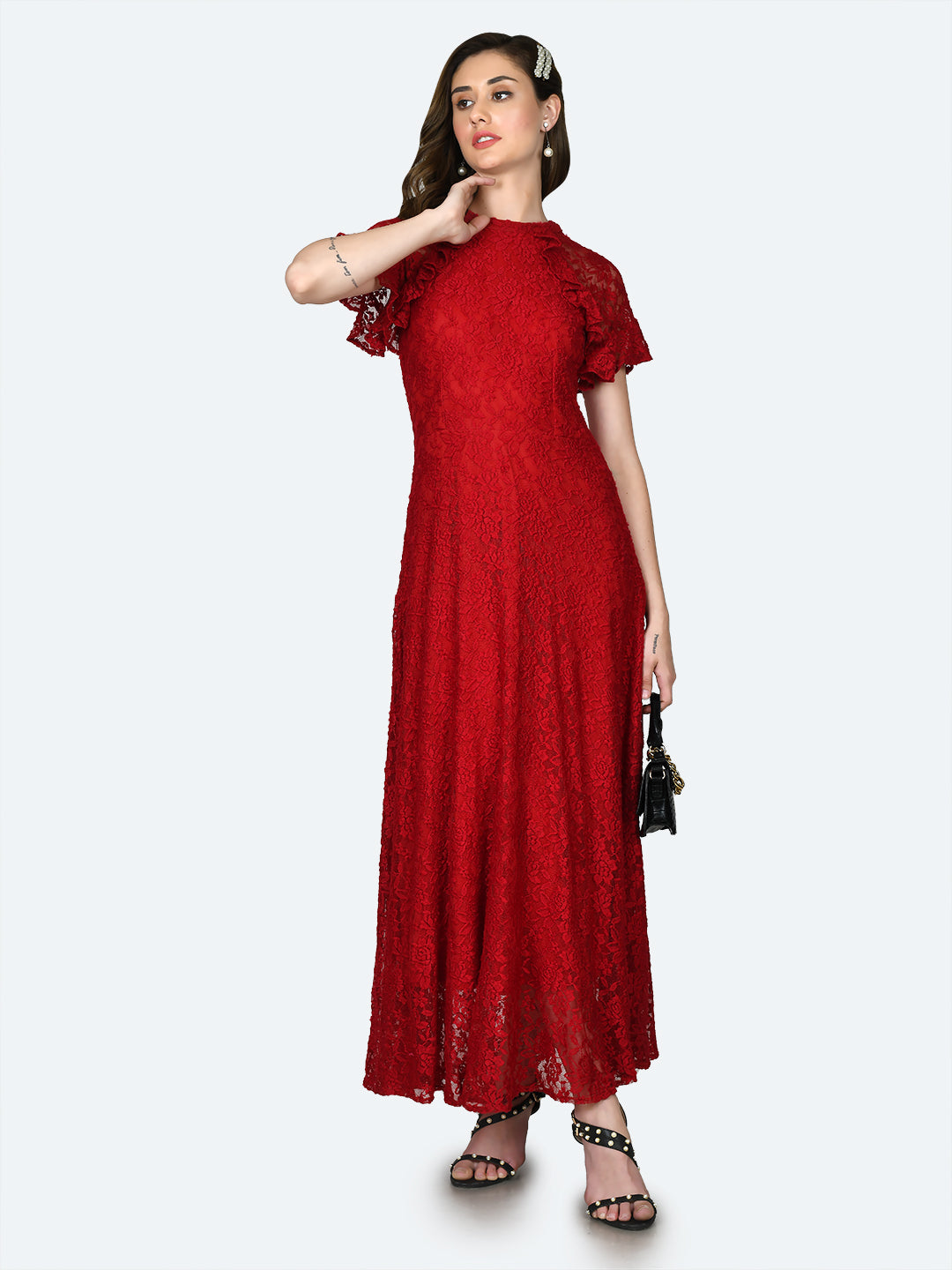 Red Lace Ruffled Maxi Dress For Women