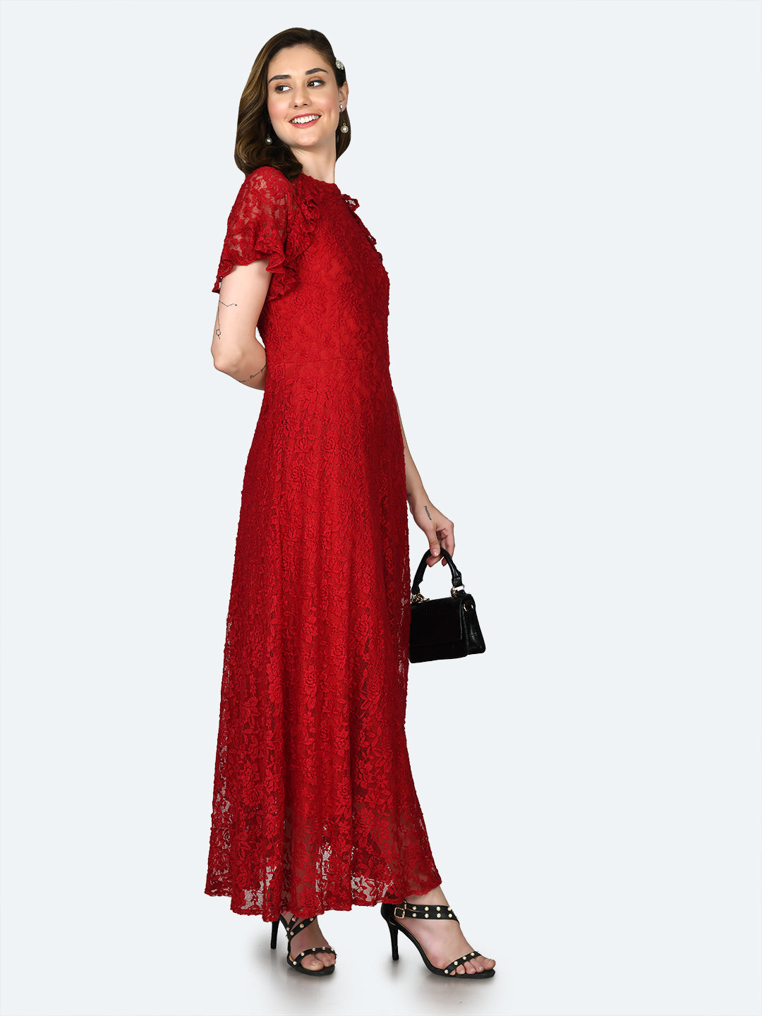 Red Lace Ruffled Maxi Dress For Women