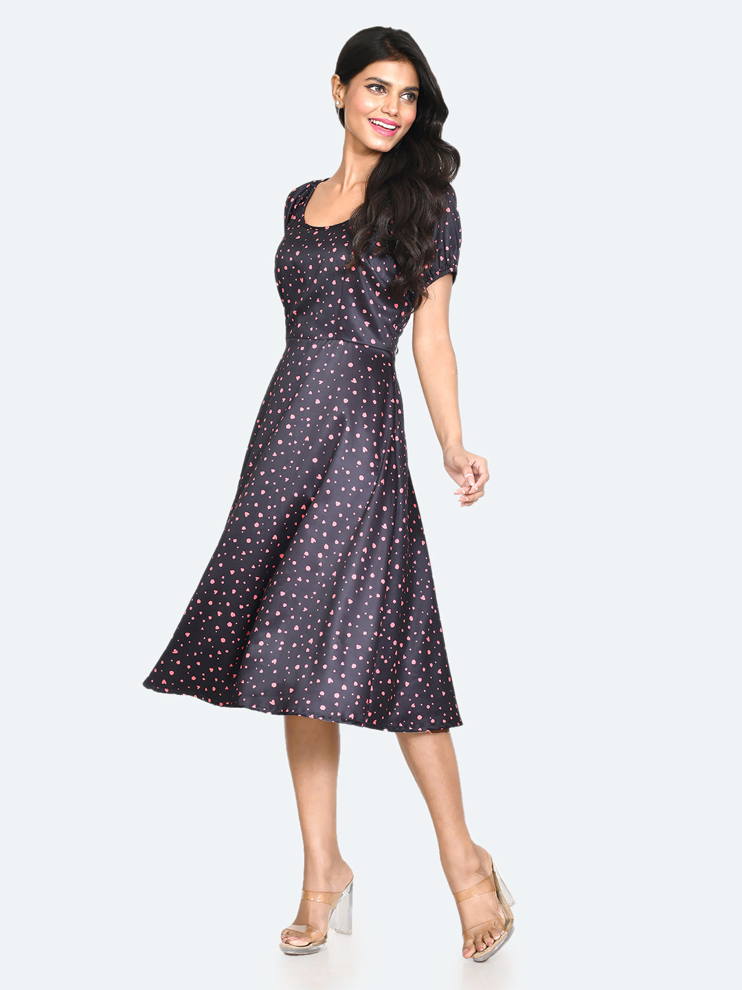 Black Printed Puff Sleeve Midi Dress