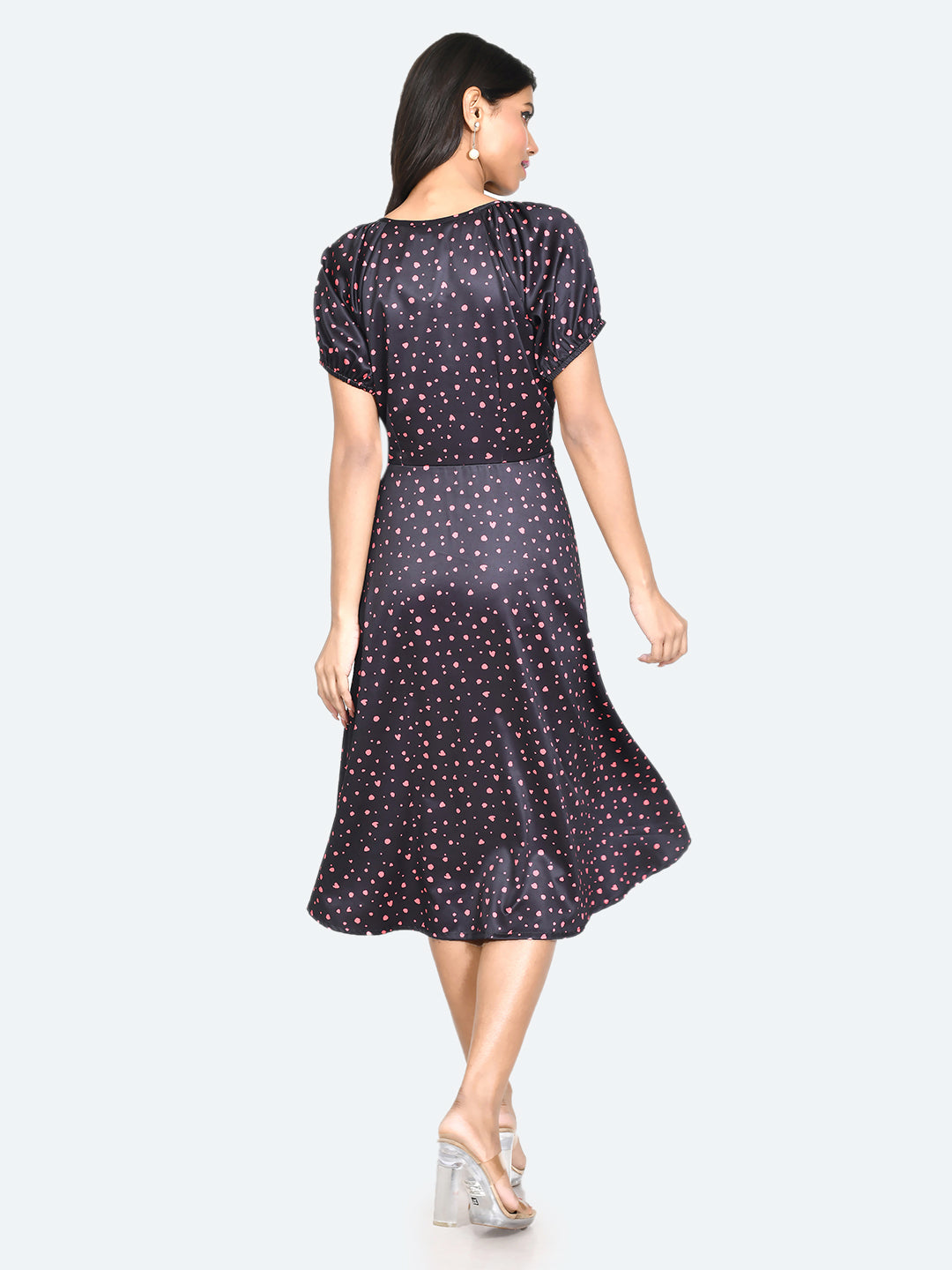 Black Printed Puff Sleeve Midi Dress
