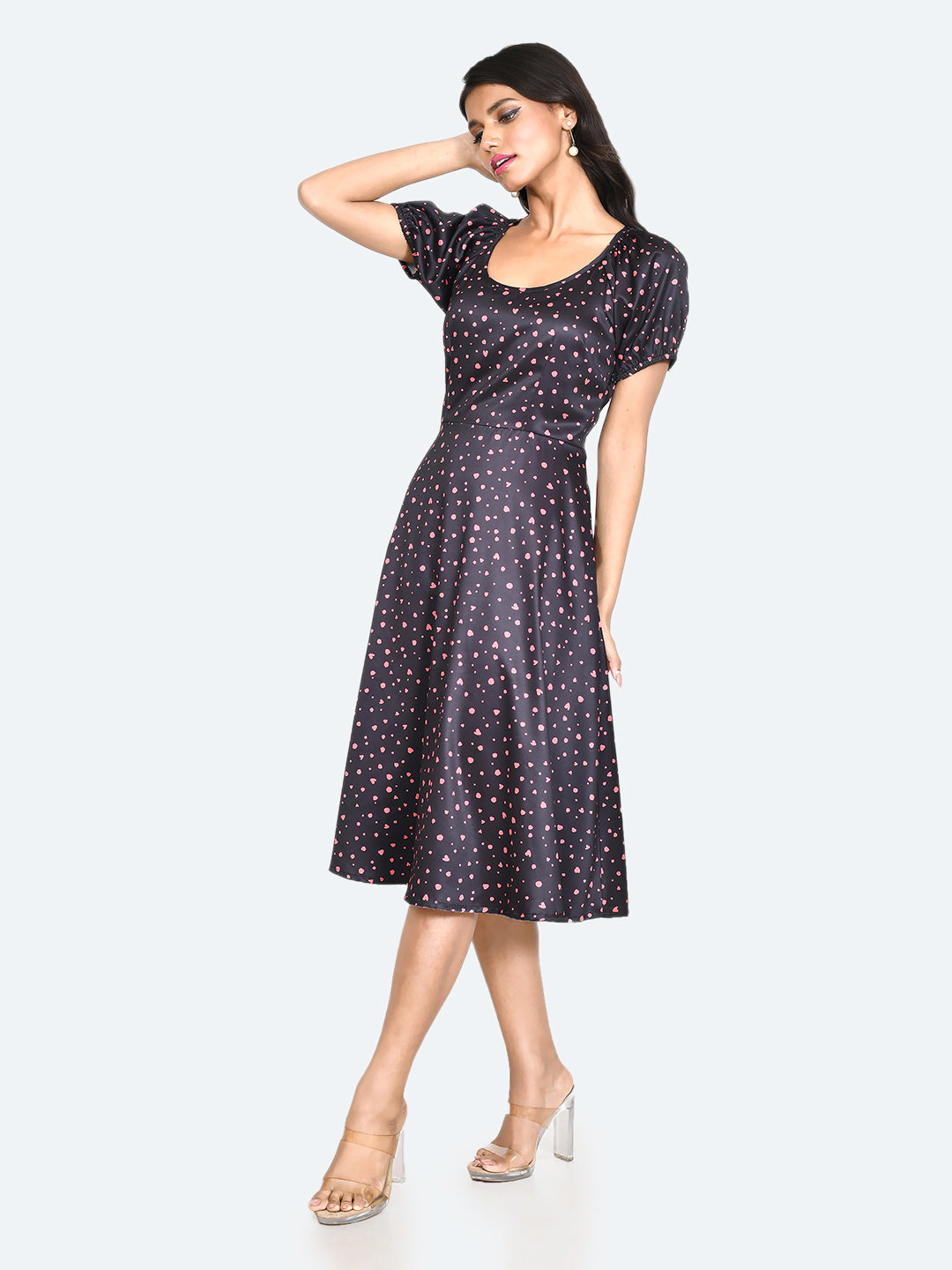 Black Printed Puff Sleeve Midi Dress