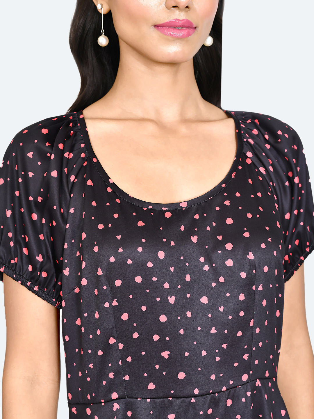 Black Printed Puff Sleeve Midi Dress