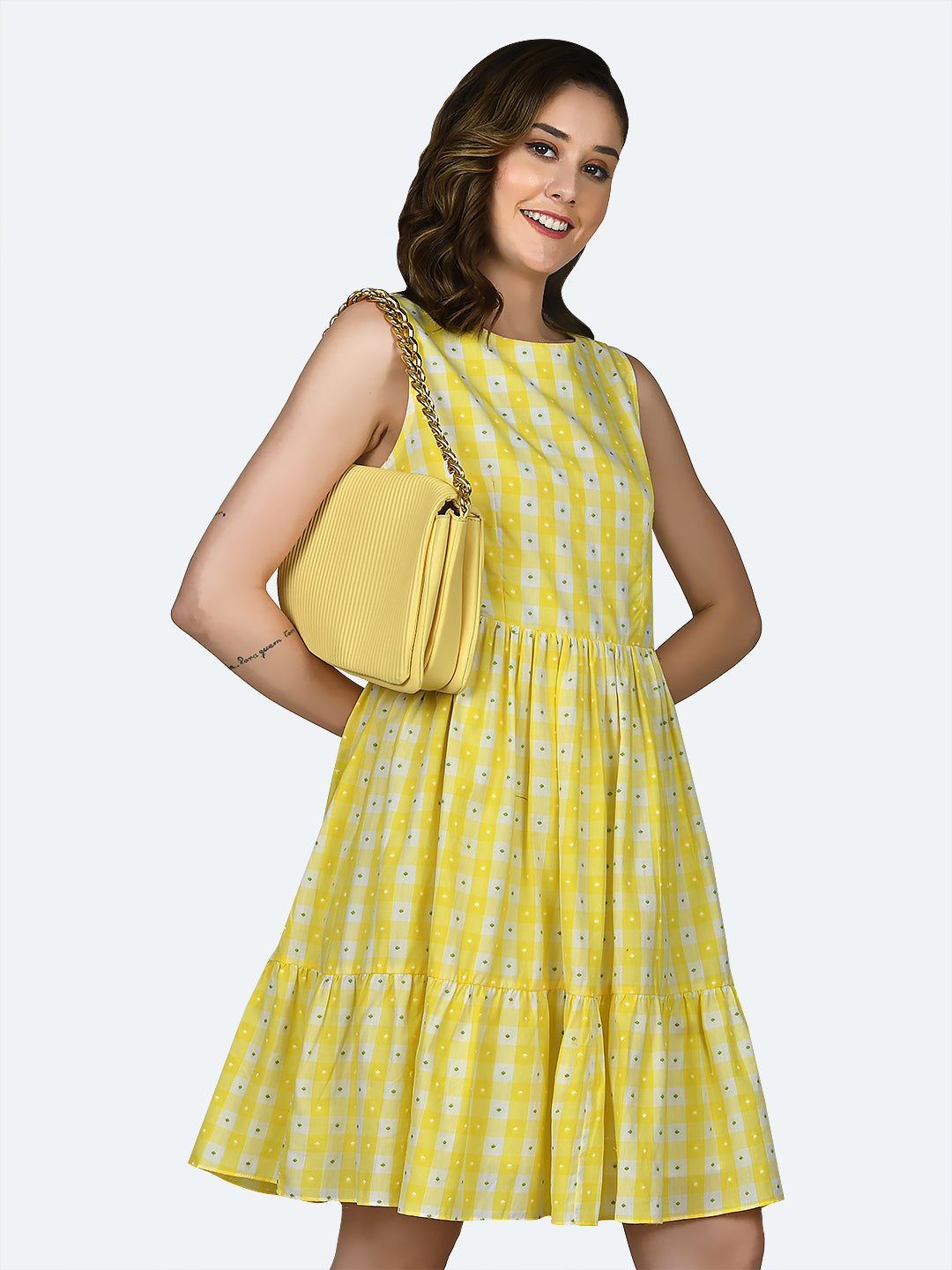 Multicolored Checked Tiered Short Dress