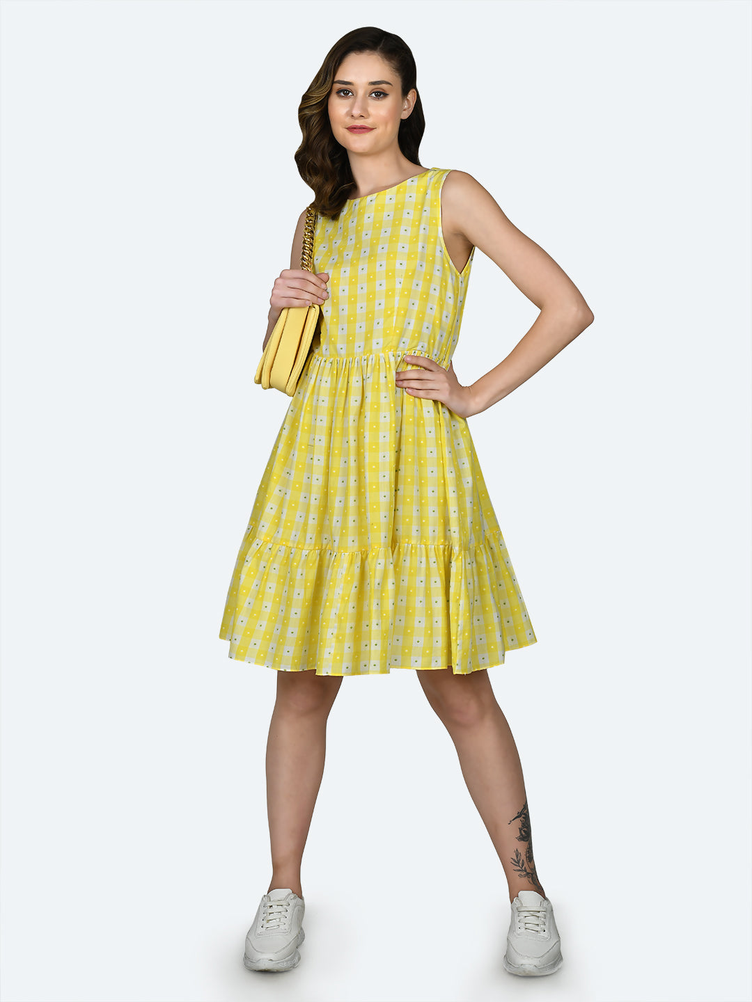 Multicolored Checked Tiered Short Dress