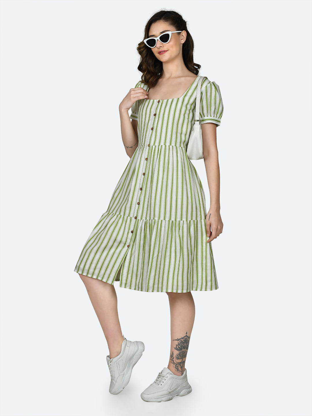 Multicolored Striped Puff Sleeve Midi Dress