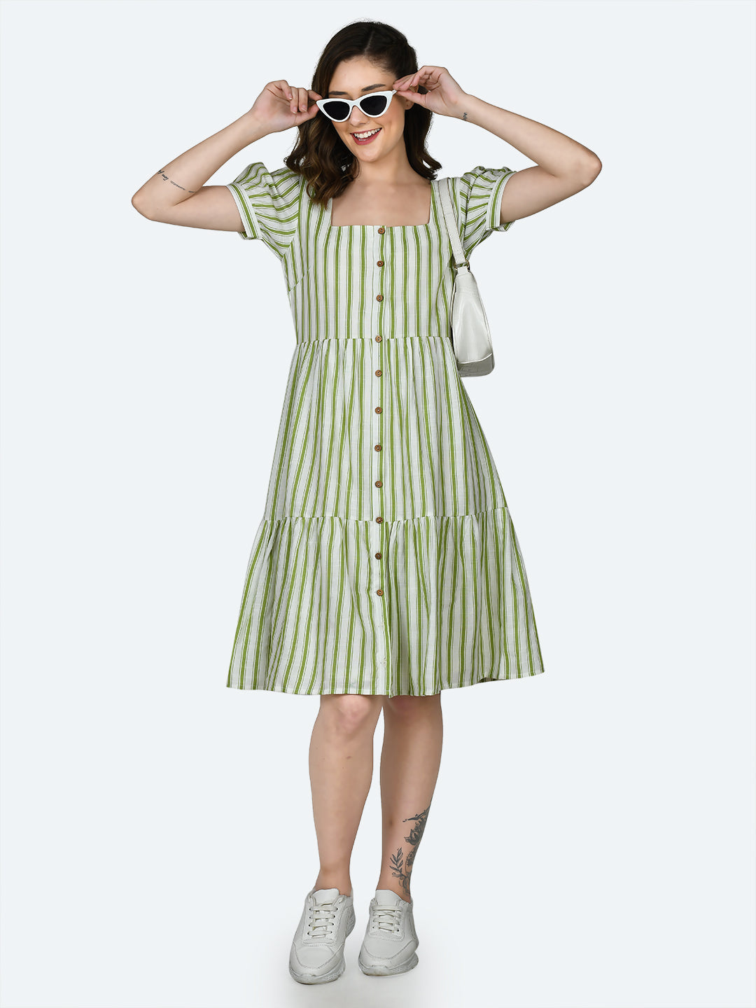 Multicolored Striped Puff Sleeve Midi Dress