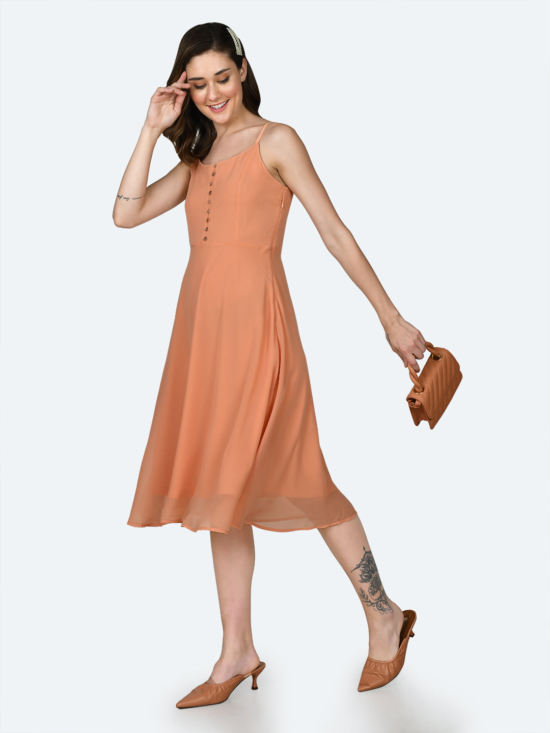 Orange Solid Strappy Midi Dress