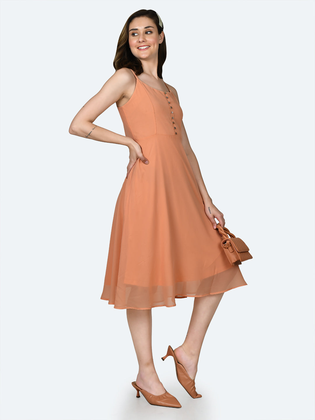 Orange Solid Strappy Midi Dress For Women
