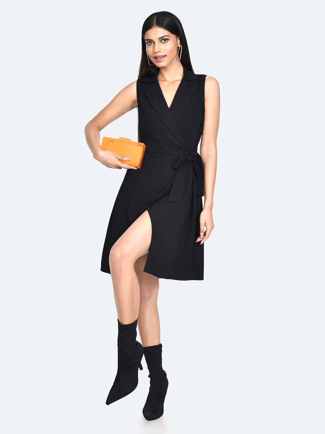 Black Solid Tie-Up Short Dress