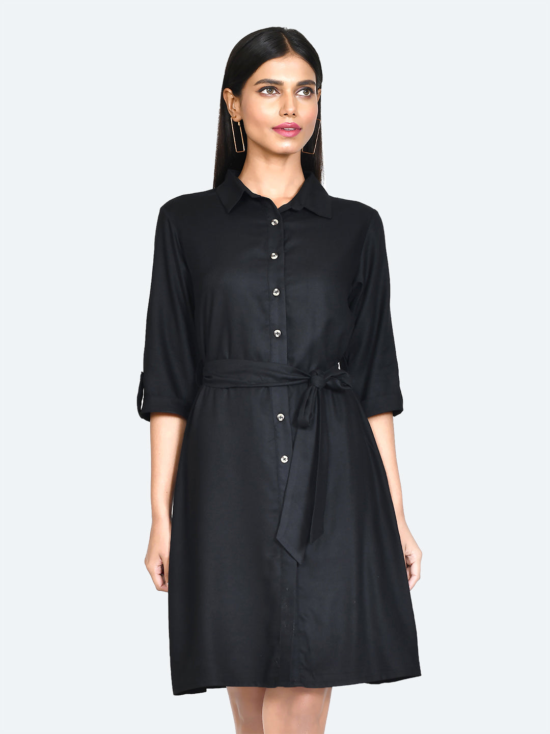 Black Solid Shirt Styled Short Dress
