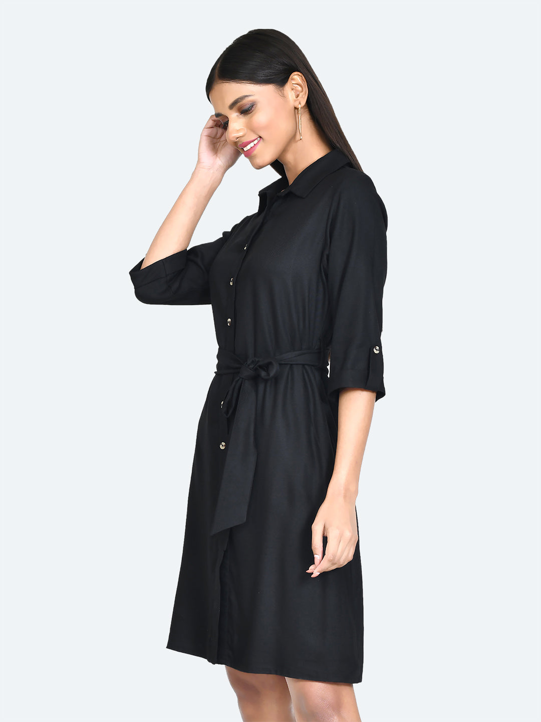 Black Solid Shirt Styled Short Dress