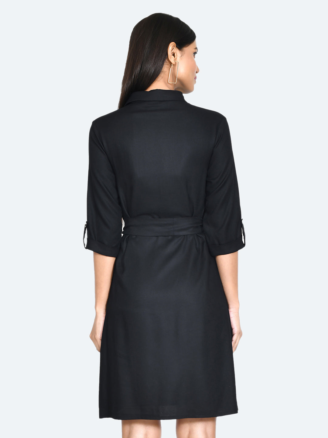 Black Solid Shirt Styled Short Dress