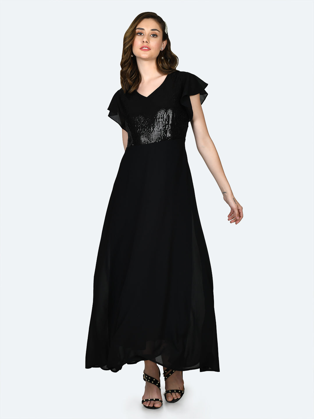 Black Embellished Flared Sleeve Maxi Dress