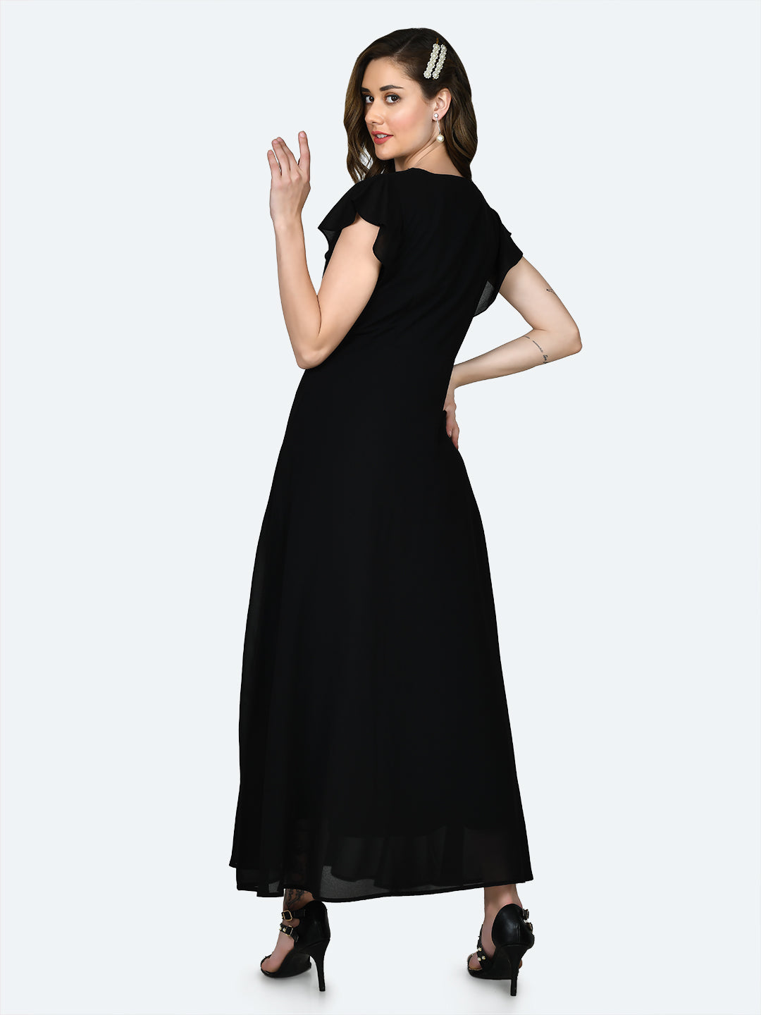 Black Embellished Flared Sleeve Maxi Dress