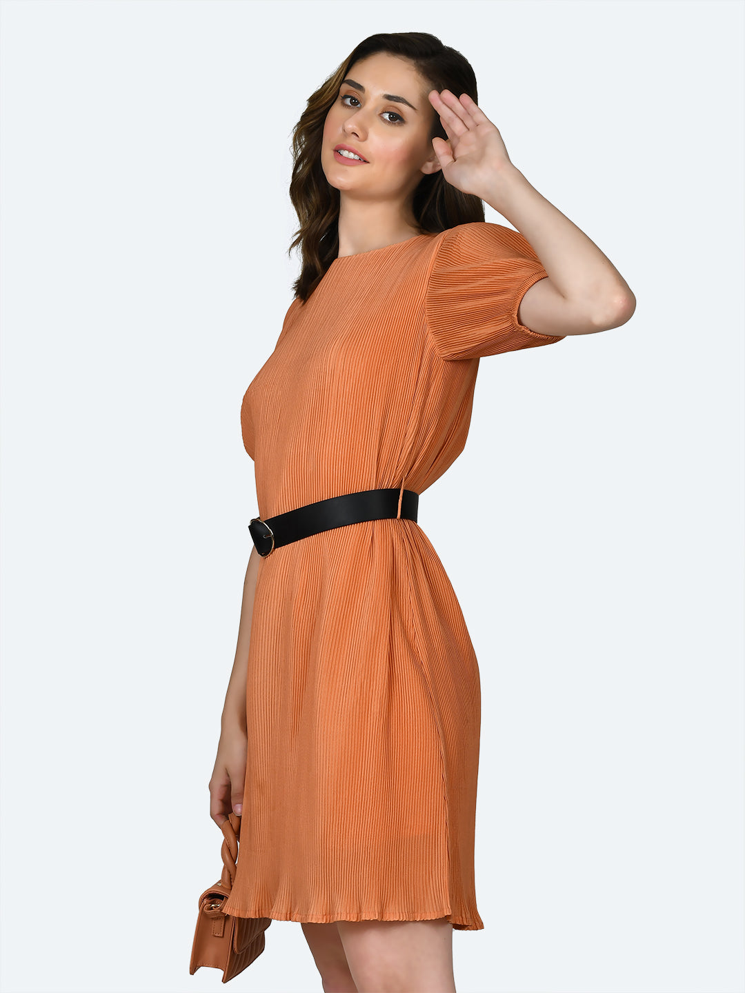 Orange Self Design Pleated Short Dress For Women
