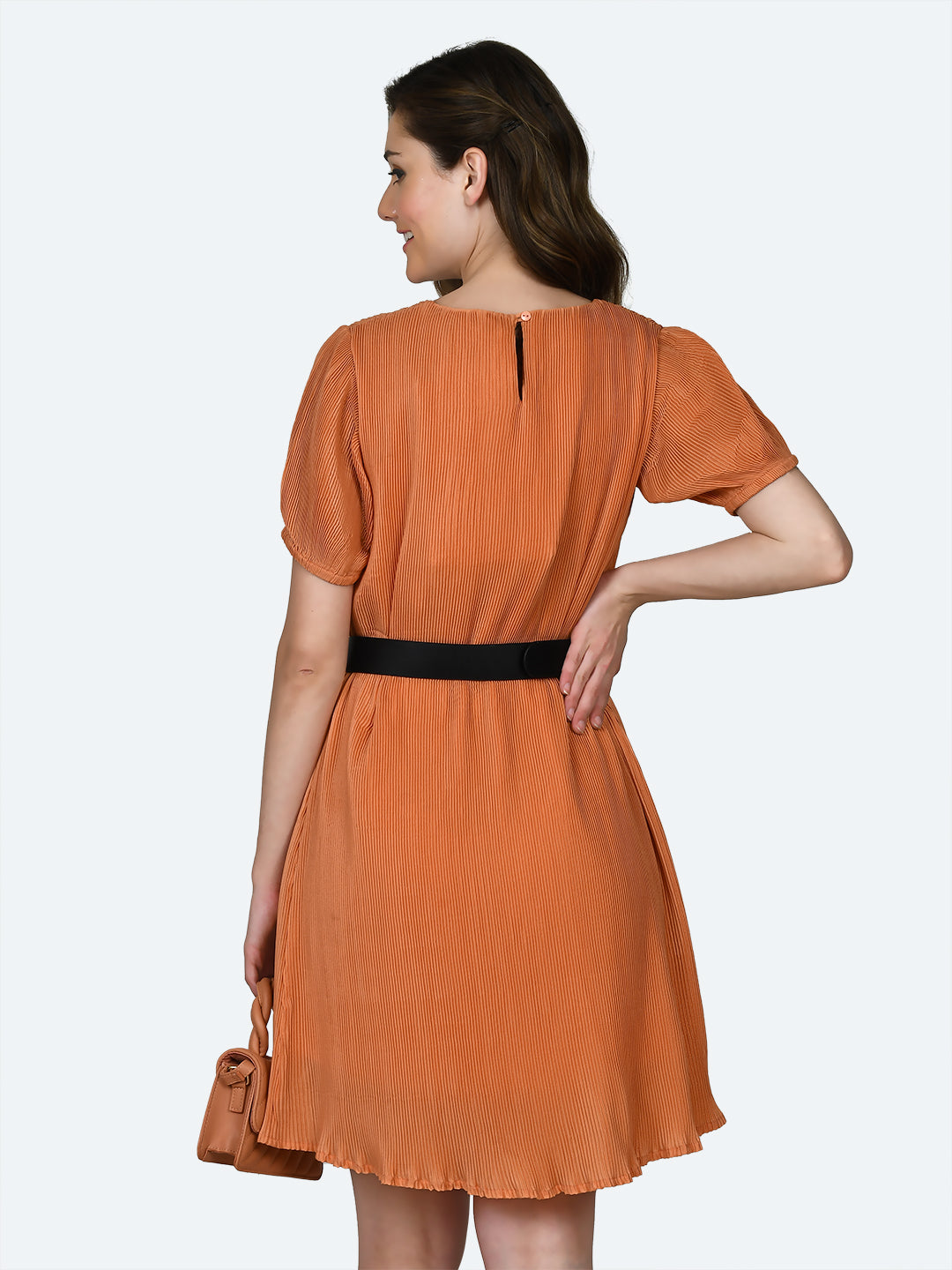 Orange Self Design Pleated Short Dress For Women