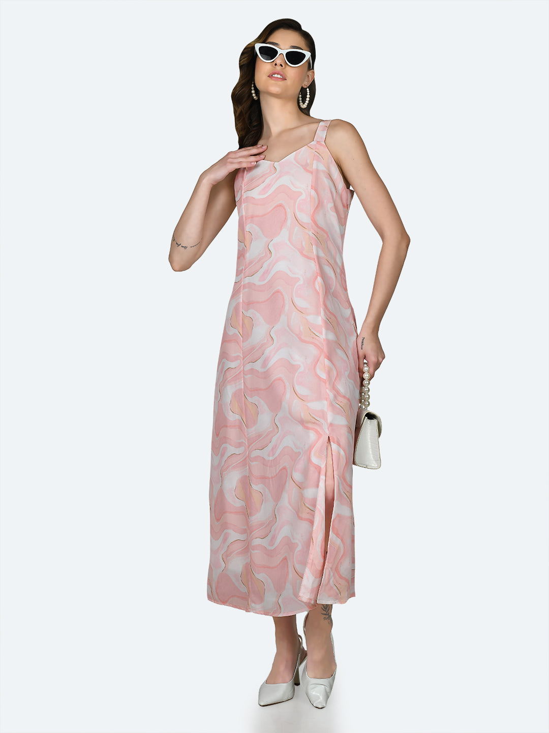 Peach Printed Strappy Maxi Dress