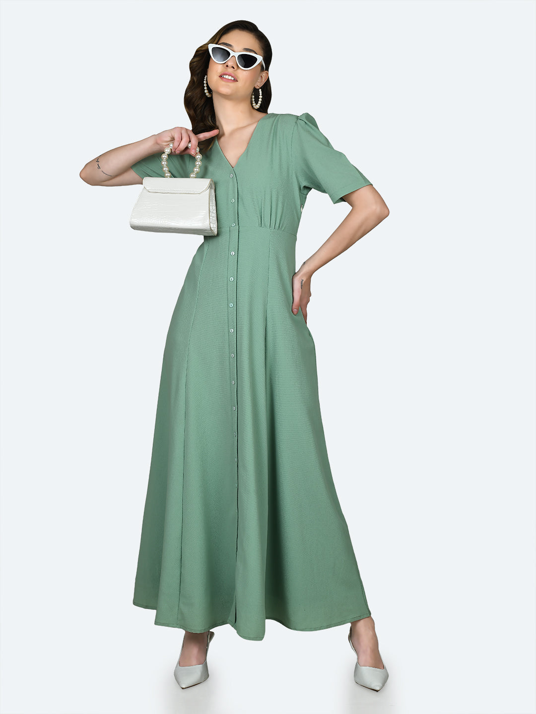 Green Solid Puff Sleeve Maxi Dress