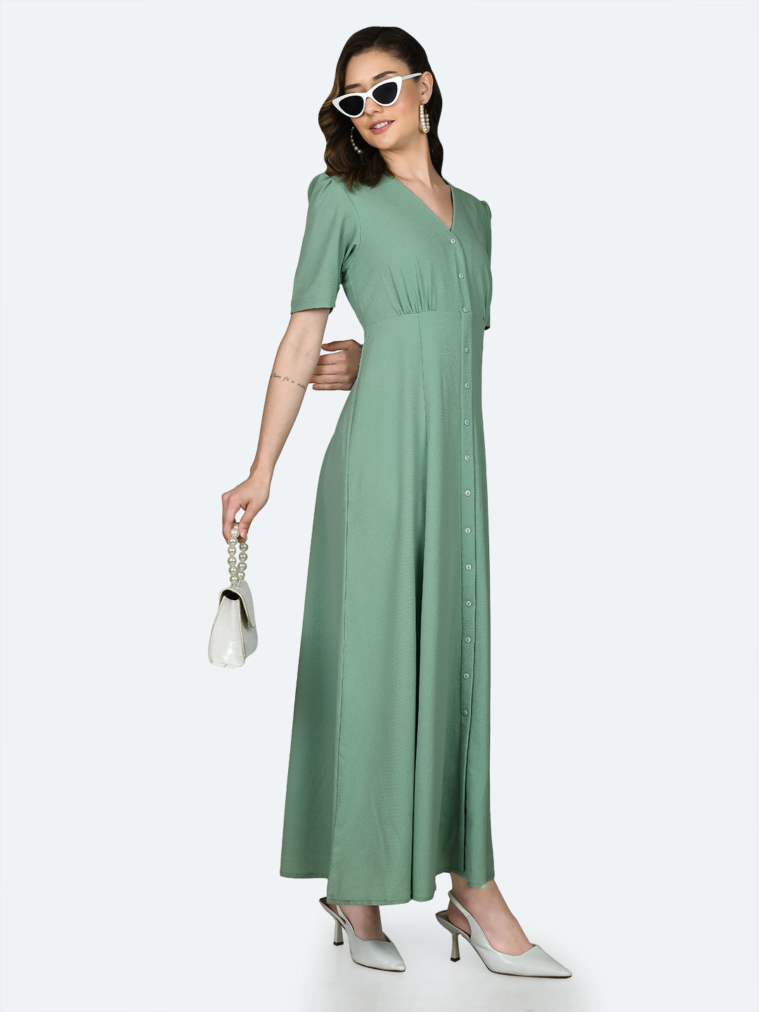 Green Solid Puff Sleeve Maxi Dress